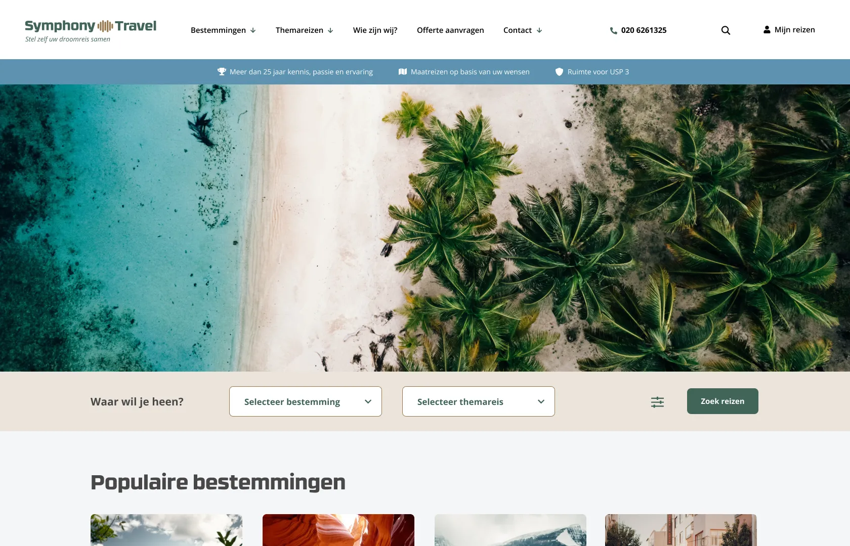 Homepage Symphony Travel met banner