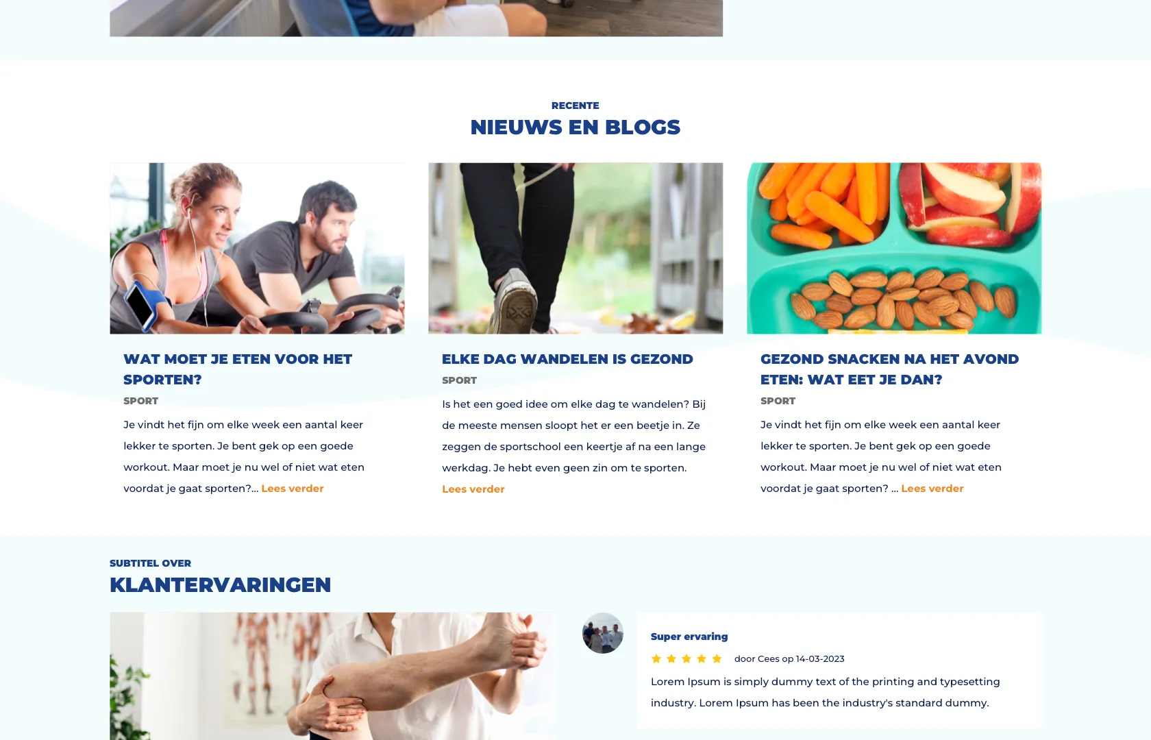 Homepage met blogs en reviews fysio actief